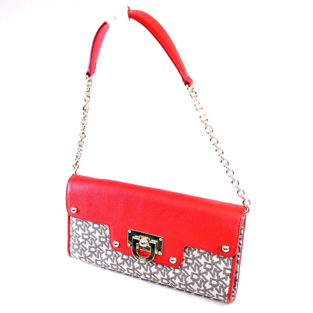 DKNY Red Monogram Clutch Shoulder Bag Purse gold hardware